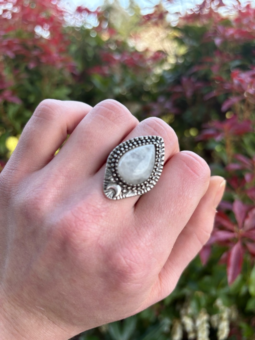 Sterling Silver Teardrop Moonstone Ring - White
